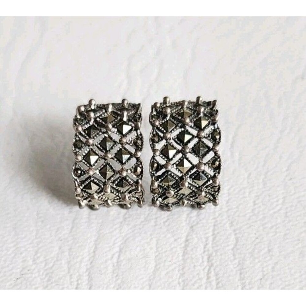 Vintage Half Hoop Marcasite Sterling Silver 925 Stud Earrings 5.28g